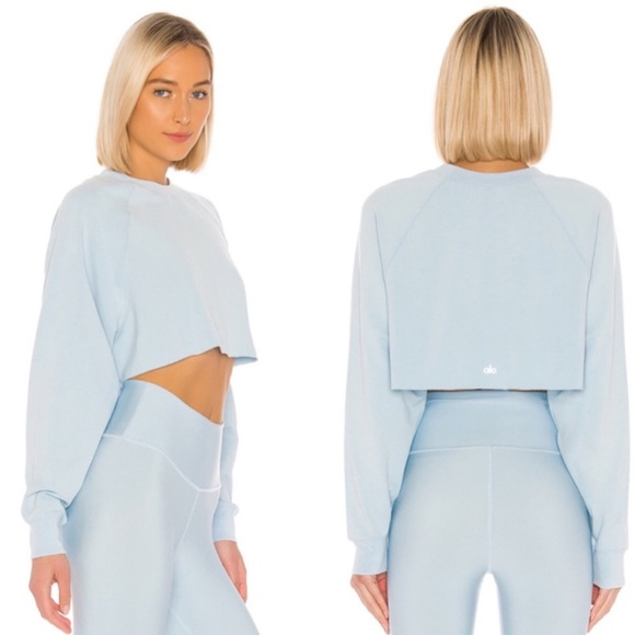 ALO Yoga Tops - Alo Yoga Double Take Light Blue Pullover Cropped Long Sleeve Size Large